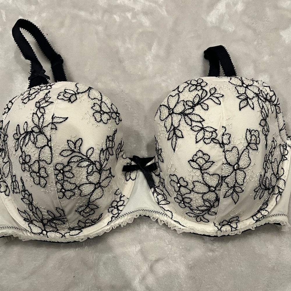 Elegant Floral Embroidered Bra - Black and Cream